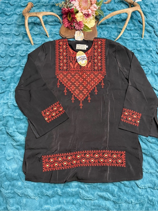 Al-Imad embroidery Tops - Jerusalem XXL Black Red Embroidered Tunic Top Boho Folk Geometric